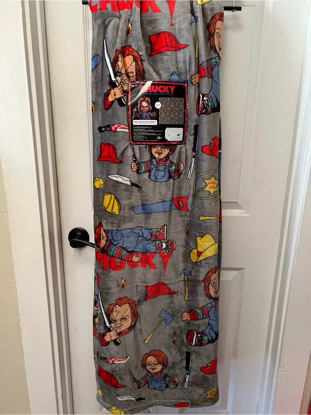 Chucky Graphic Plush Throw Blanket - Gray with Red & Yellow Accents